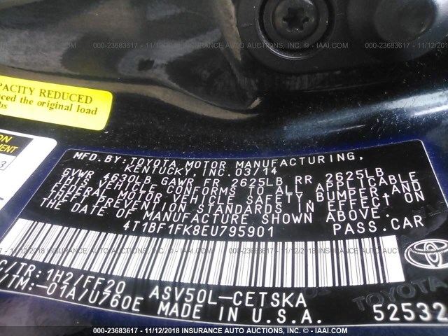 4T1BF1FK8EU795901 - 2014 TOYOTA CAMRY L/SE/LE/XLE 蓝色 照片 9