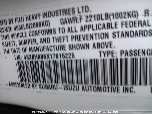 4S3BH686X17615225 - 2001 SUBARU LEGACY OUTBACK LIMITED WHITE photo 9