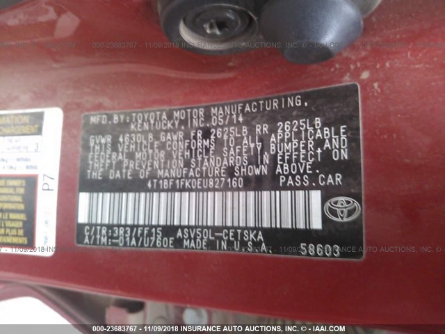 4T1BF1FK0EU827160 - 2014 TOYOTA CAMRY L/SE/LE/XLE RED photo 9