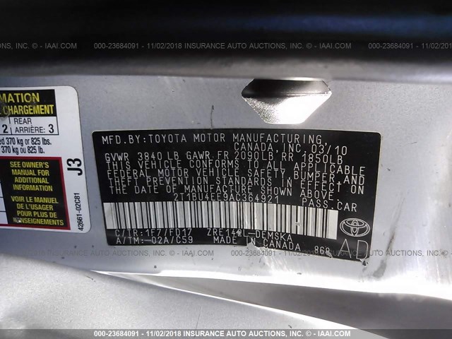 2T1BU4EE9AC364921 - 2010 TOYOTA COROLLA S/LE/XLE SILVER photo 9