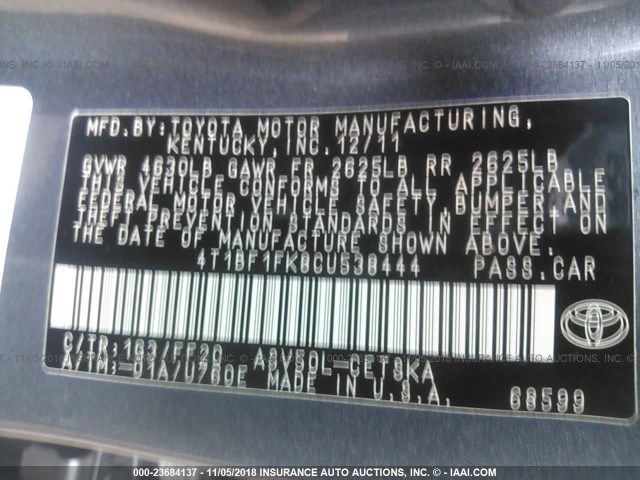 4T1BF1FK8CU538444 - 2012 TOYOTA CAMRY SE/LE/XLE GRAY photo 9