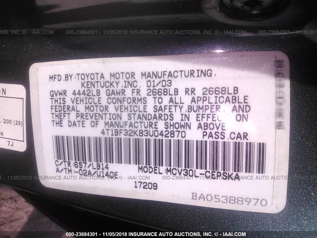 4T1BF32K83U042870 - 2003 TOYOTA CAMRY LE/XLE/SE GREEN photo 9