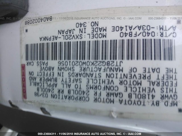 JT2BG22K0W0201056 - 1998 TOYOTA CAMRY CE/LE/XLE WHITE photo 9