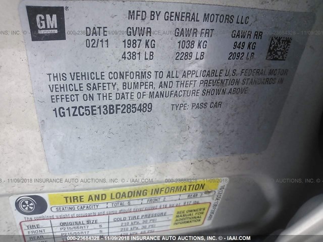 1G1ZC5E13BF285489 - 2011 CHEVROLET MALIBU 1LT ბეჟი ფოტო 9