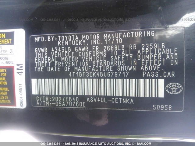 4T1BF3EK4BU679717 - 2011 TOYOTA CAMRY SE/LE/XLE BLACK photo 9