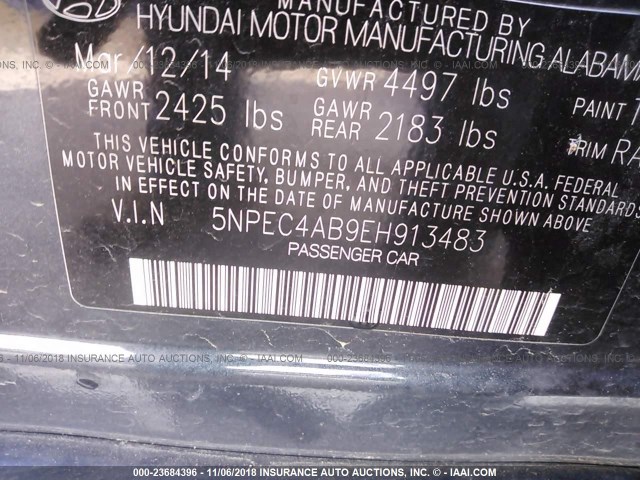 5NPEC4AB9EH913483 - 2014 HYUNDAI SONATA SE/LIMITED Dark Blue photo 9