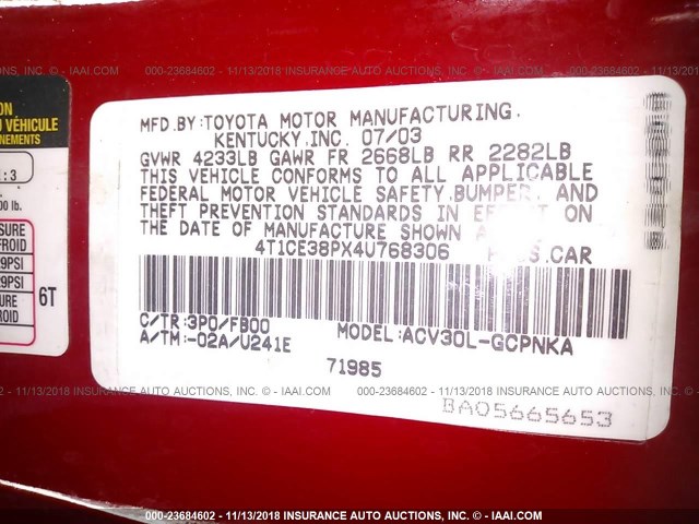 4T1CE38PX4U768306 - 2004 TOYOTA CAMRY SOLARA SE/SLE Qırmızı foto 9