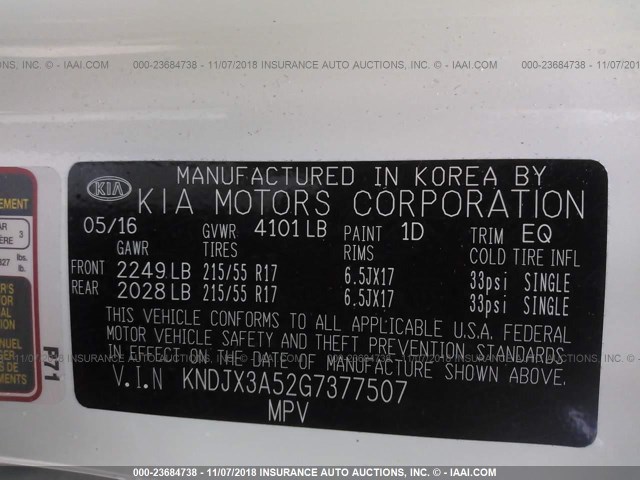 KNDJX3A52G7377507 - 2016 KIA SOUL ! WHITE photo 9