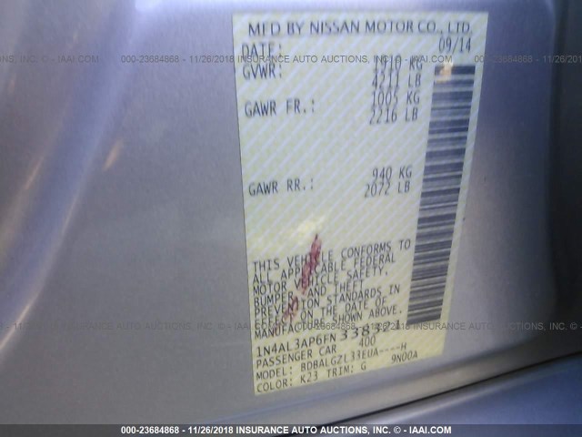 1N4AL3AP6FN338321 - 2015 NISSAN ALTIMA 2.5/S/SV/SL SILVER photo 9