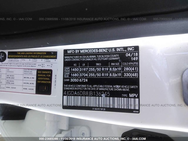 4JGDA6DB8JB136245 - 2018 MERCEDES-BENZ GLE 550E 4MATIC WHITE photo 9
