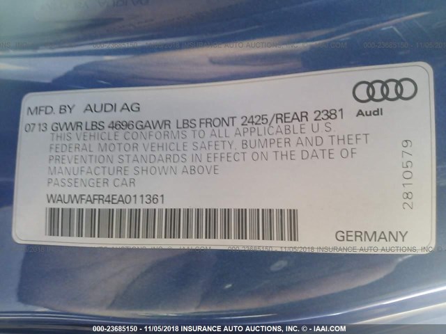 WAUWFAFR4EA011361 - 2014 AUDI A5 PRESTIGE BLUE photo 9