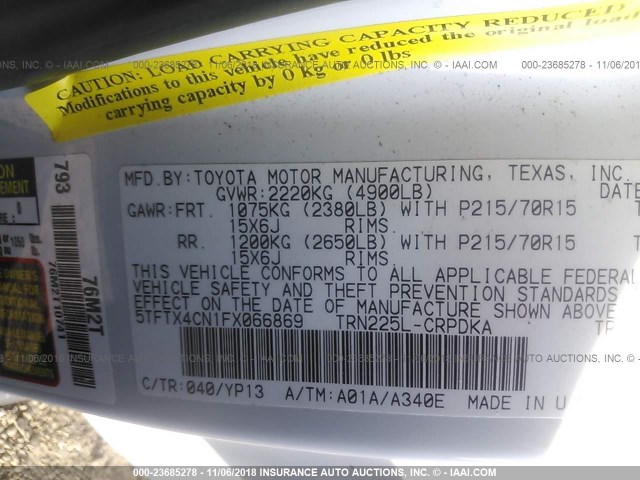 5TFTX4CN1FX066869 - 2015 TOYOTA TACOMA ACCESS CAB WHITE photo 9