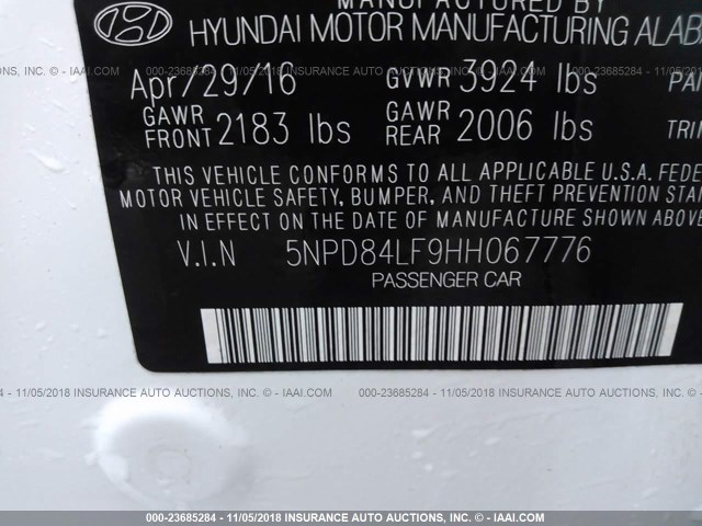 5NPD84LF9HH067776 - 2017 HYUNDAI ELANTRA SE/VALUE/LIMITED WHITE photo 9