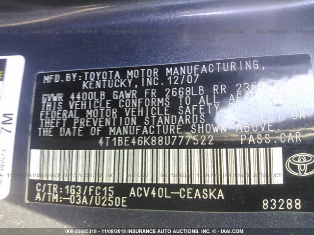 4T1BE46K88U777522 - 2008 TOYOTA CAMRY CE/LE/XLE/SE GRAY photo 9