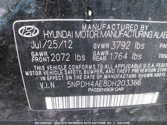 5NPDH4AE8DH203366 - 2013 HYUNDAI ELANTRA GLS/LIMITED BLACK photo 9