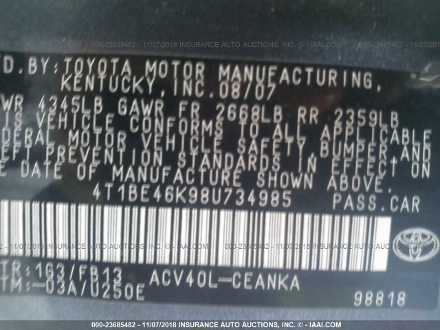 4T1BE46K98U734985 - 2008 TOYOTA CAMRY CE/LE/XLE/SE GRAY photo 9