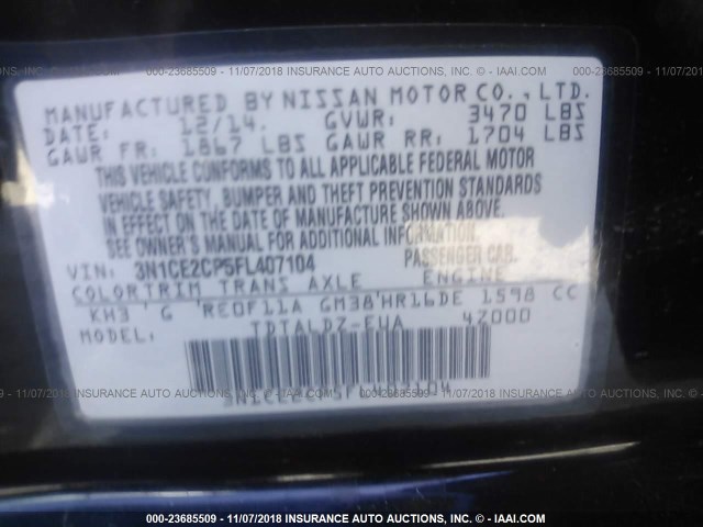 3N1CE2CP5FL407104 - 2015 NISSAN VERSA NOTE S/S PLUS/SV/SL/SR BLACK photo 9