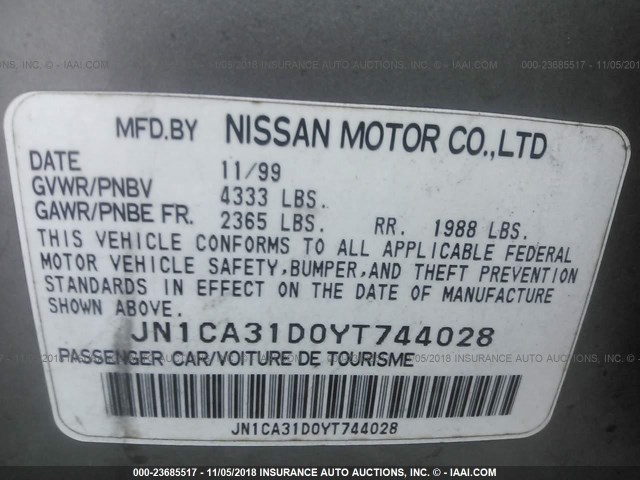 JN1CA31D0YT744028 - 2000 NISSAN MAXIMA GLE/GXE/SE SILVER photo 9