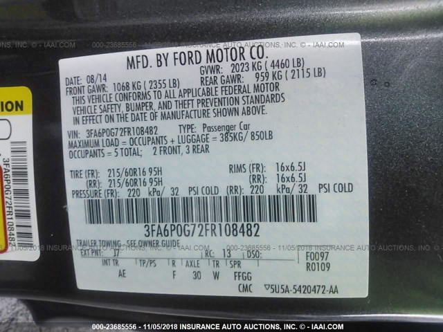 3FA6P0G72FR108482 - 2015 FORD FUSION S BLACK photo 9