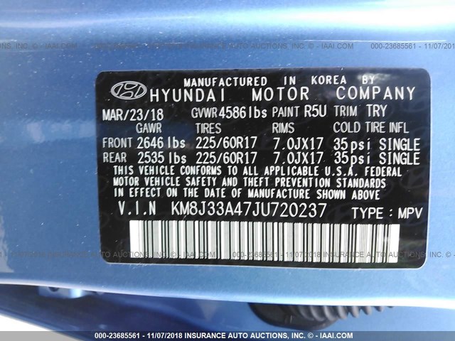 KM8J33A47JU720237 - 2018 HYUNDAI TUCSON SEL/SEL PLUS BLUE photo 9