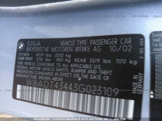 WBADT43443G023109 - 2003 BMW 525 I AUTOMATIC SILVER photo 9