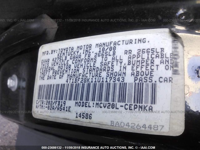 4T1BF28K11U117343 - 2001 TOYOTA CAMRY LE/XLE BLACK photo 9