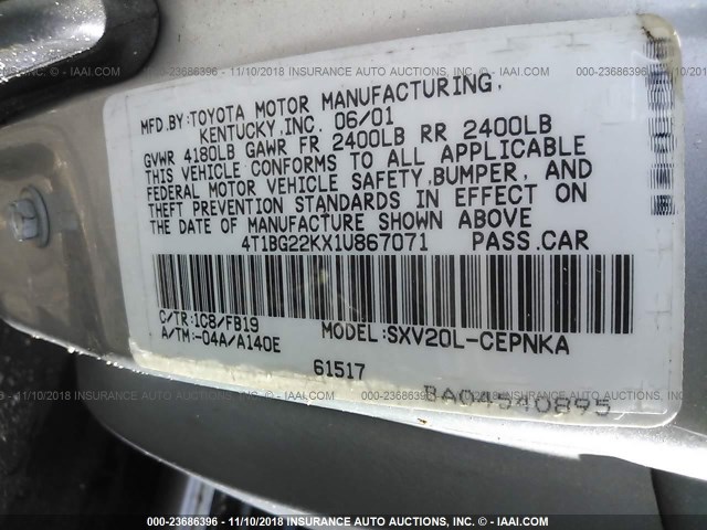 4T1BG22KX1U867071 - 2001 TOYOTA CAMRY CE/LE/XLE SILVER photo 9