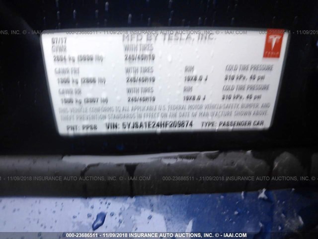 5YJSA1E24HF209874 - 2017 TESLA MODEL S BLUE photo 9