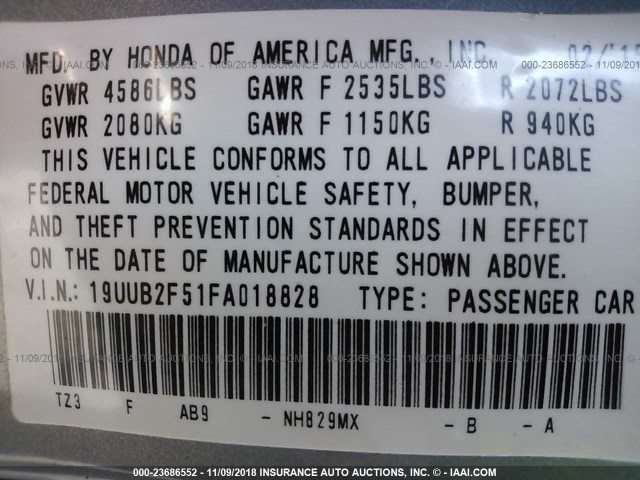 19UUB2F51FA018828 - 2015 ACURA TLX TECH SILVER photo 9