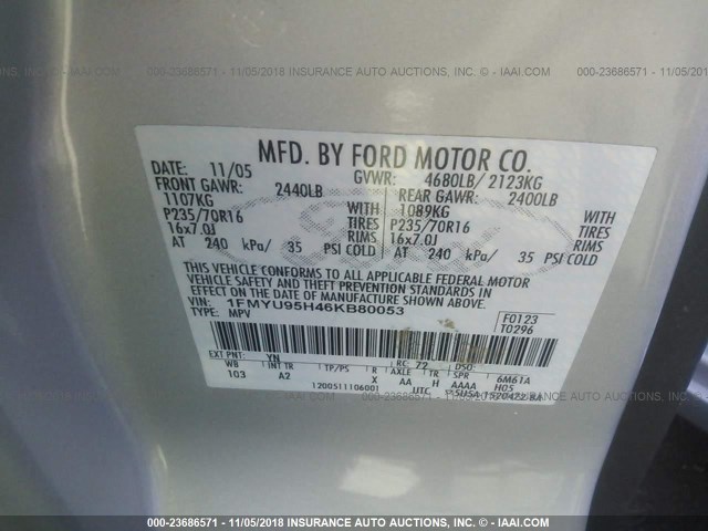 1FMYU95H46KB80053 - 2006 FORD ESCAPE HEV SILVER photo 9