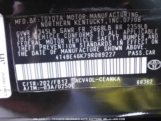 4T4BE46K79R089227 - 2009 TOYOTA CAMRY SE/LE/XLE BLACK photo 9