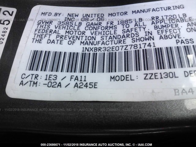 1NXBR32E07Z781741 - 2007 TOYOTA COROLLA CE/LE/S GRAY photo 9