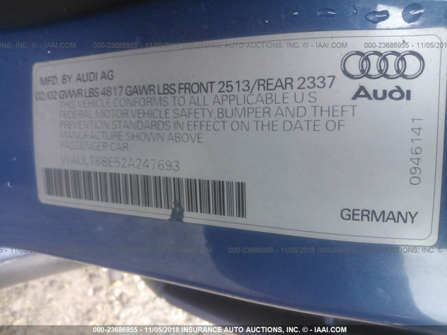 WAULT68E52A247693 - 2002 AUDI A4 3.0 QUATTRO BLUE photo 9