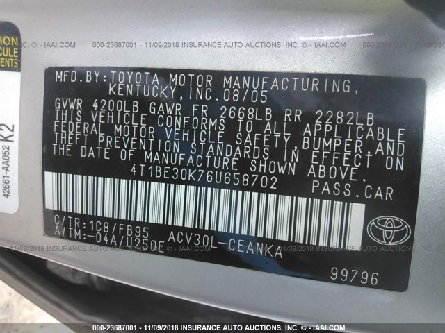 4T1BE30K76U658702 - 2006 TOYOTA CAMRY LE/XLE/SE SILVER photo 9