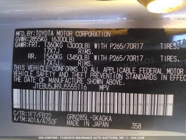 JTEBU5JR9J5555116 - 2018 TOYOTA 4RUNNER SR5 PREM/LTDL/TRAIL/TRD SILVER photo 9