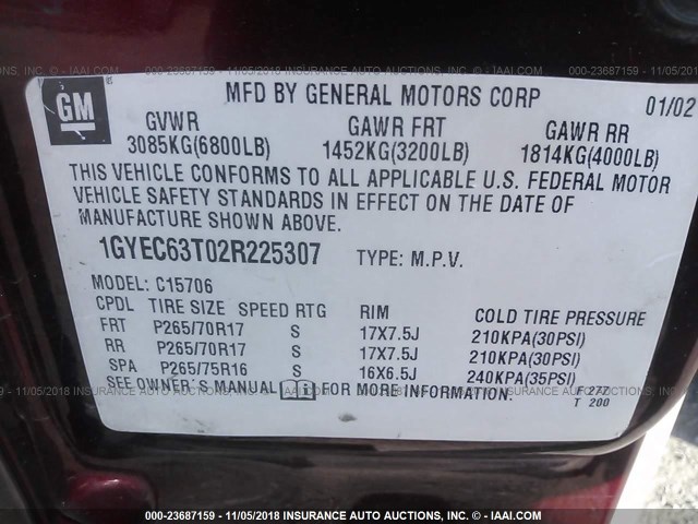 1GYEC63T02R225307 - 2002 CADILLAC ESCALADE LUXURY RED photo 9