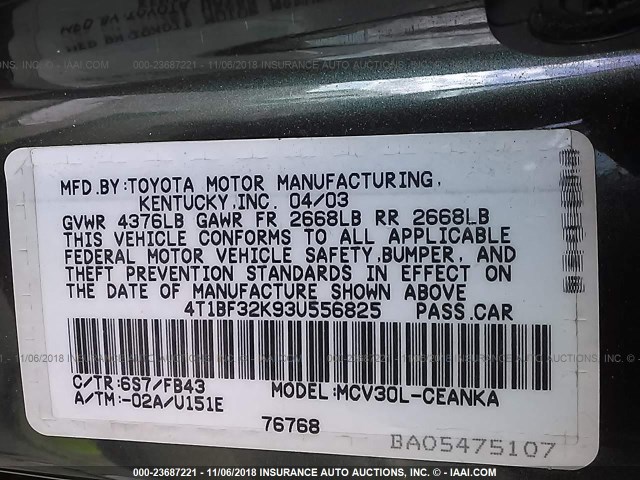 4T1BF32K93U556825 - 2003 TOYOTA CAMRY LE/XLE/SE GREEN photo 9