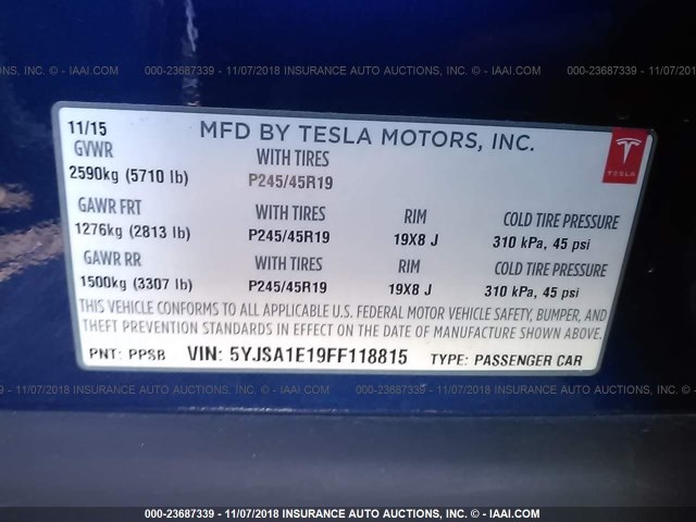 5YJSA1E19FF118815 - 2015 TESLA MODEL S BLUE photo 9