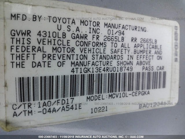 4T1GK13E4RU018749 - 1994 TOYOTA CAMRY XLE BLUE photo 9