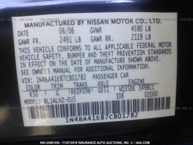 1N4BA41E87C801782 - 2007 NISSAN MAXIMA SE/SL GRAY photo 9