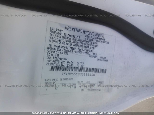 1FAHP55S03G122350 - 2003 FORD TAURUS SES WHITE photo 9