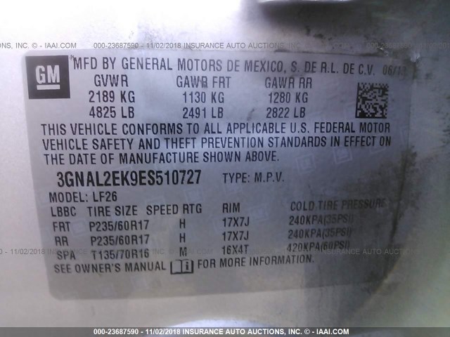 3GNAL2EK9ES510727 - 2014 CHEVROLET CAPTIVA LS 银色 照片 9