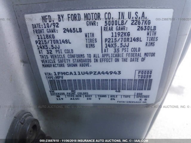 1FMCA11U4PZA44943 - 1993 FORD AEROSTAR GRAY photo 9