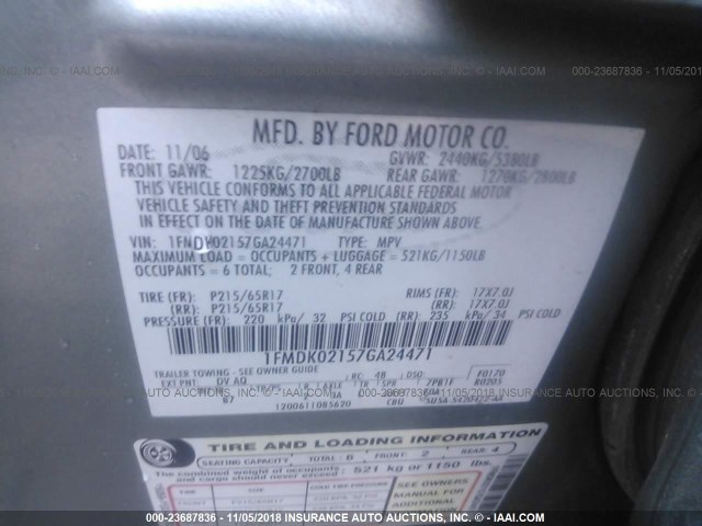 1FMDK02157GA24471 - 2007 FORD FREESTYLE SEL GRAY photo 9