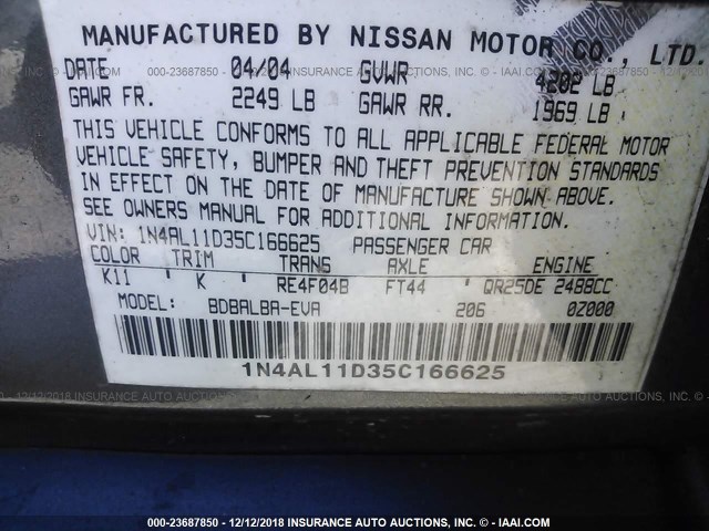 1N4AL11D35C166625 - 2005 NISSAN ALTIMA S/SL GRAY photo 9