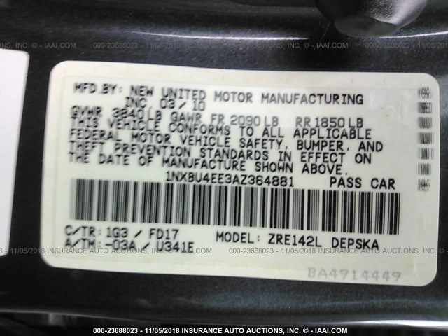 1NXBU4EE3AZ364881 - 2010 TOYOTA COROLLA S/LE/XLE GRAY photo 9