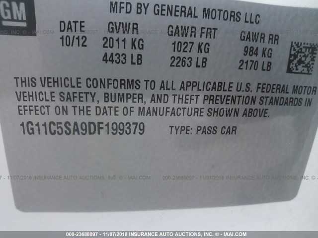 1G11C5SA9DF199379 - 2013 CHEVROLET MALIBU 1LT WHITE photo 9