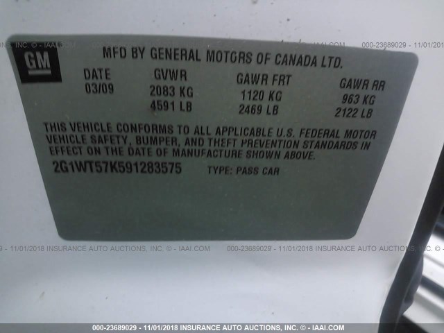 2G1WT57K591283575 - 2009 CHEVROLET IMPALA 1LT WHITE photo 9