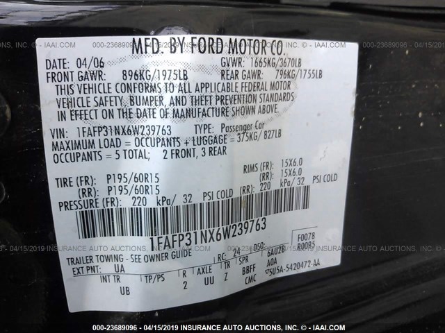 1FAFP31NX6W239763 - 2006 FORD FOCUS ZX3 BLACK photo 9