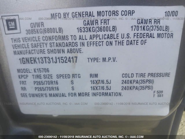 1GNEK13T31J152417 - 2001 CHEVROLET TAHOE K1500 BEIGE photo 9